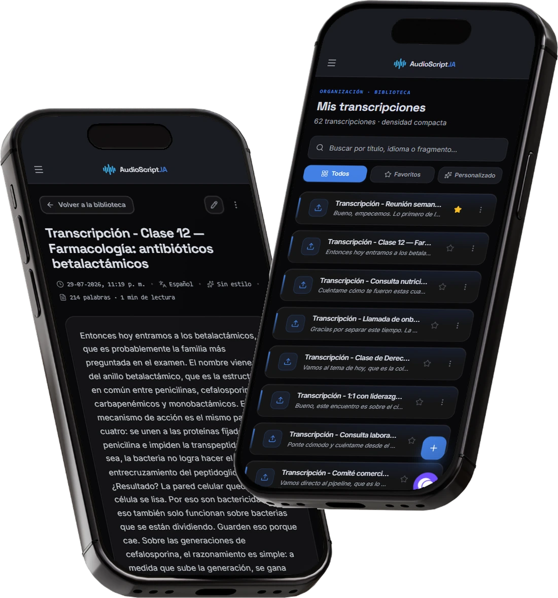 AudioScript.IA en dos celulares: la lista de transcripciones y una transcripción de clase abierta