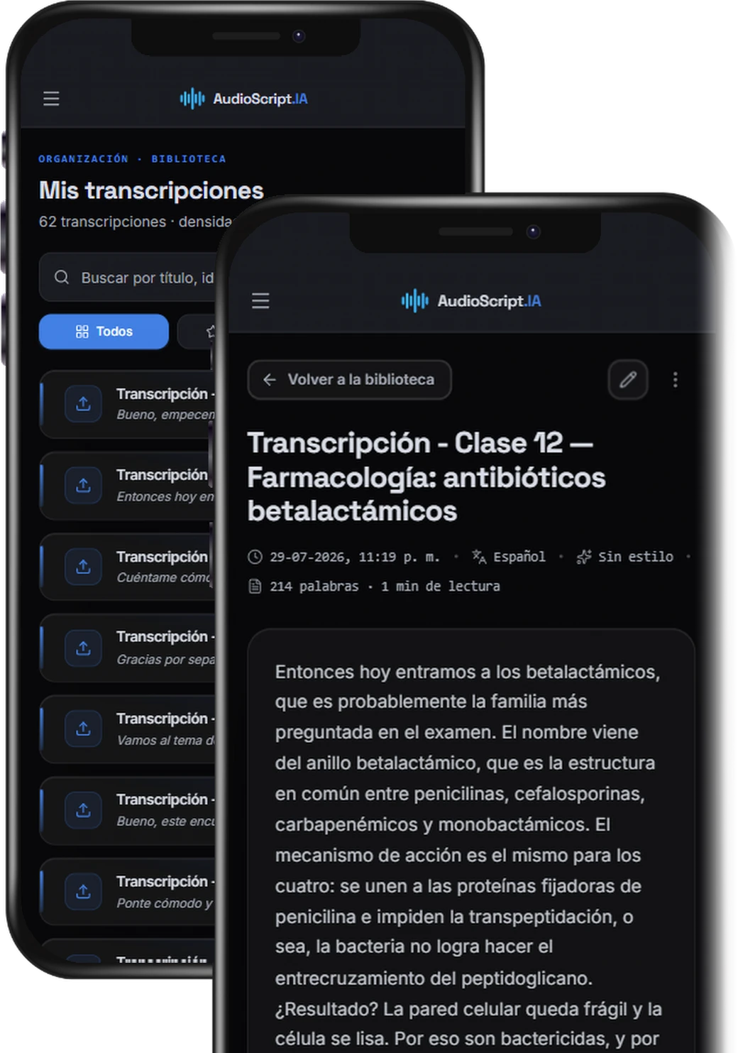 AudioScript.IA en dos celulares: la lista de transcripciones y una transcripción de clase abierta